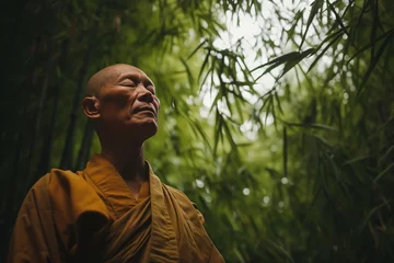 Fototapeten monk standing in a bamboo forest, practicing walking meditation, eyes halfclosed © primopiano