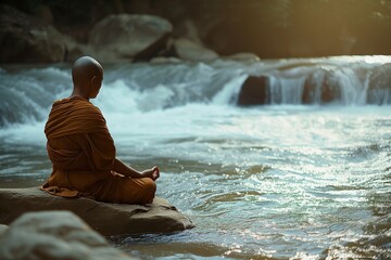 monk meditating by river with flowing water
