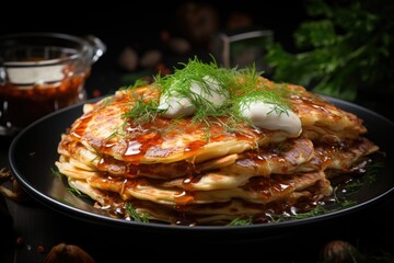 Fried pancakes stuffed with meat and carrots are decorated with fresh onions and d, generative IA