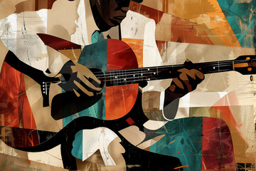 Afro-American male musician guitarist playing a guitar in an abstract cubist style painting for a poster or flyer, stock illustration image - obrazy, fototapety, plakaty