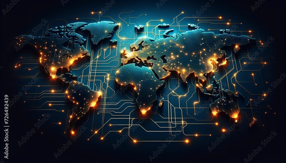 Poster stylized world map laid out as a circuit board with glowing connections and lights