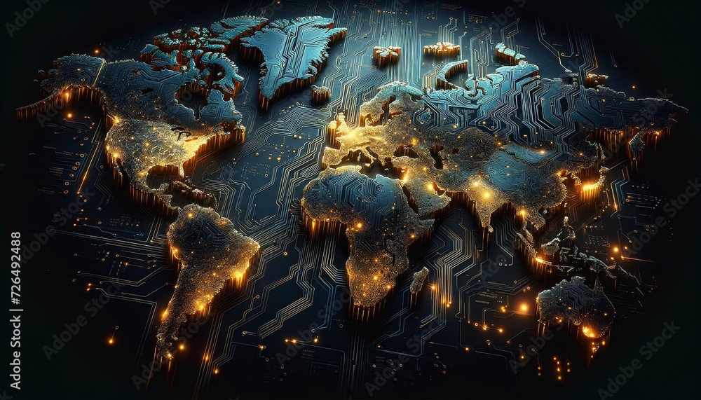 Poster stylized world map laid out as a circuit board with glowing connections and lights