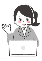 パソコンでオペレーターをしている人物イラスト。コールセンターで電話対応している女性