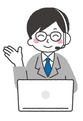 パソコンでオペレーターをしている人物イラスト。コールセンターで電話対応している男性