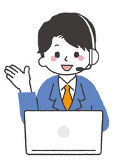パソコンでオペレーターをしている人物イラスト。コールセンターで電話対応している男性