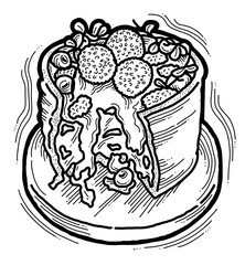 Sweet dessert cake with fruits for celebration birthday party or wedding, tasty breakfast. For cafe, restaurant menu print, postcard or poster. Hand drawn illustration. Cartoon style line art drawing.