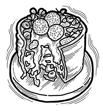 recommend clip art: Sweet dessert cake with fruits for celebration birthday party or wedding, tasty breakfast. For cafe, restaurant menu print, postcard or poster. Hand drawn illustration. Cartoon style line art drawing.