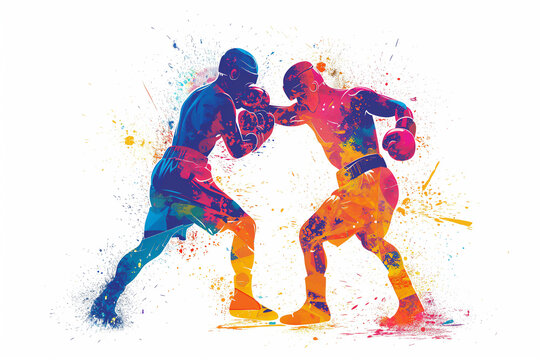 Abstract illustration of a male boxers wearing boxing gloves exercising their punching technique for a championship match in a canvas ring, stock illustration image