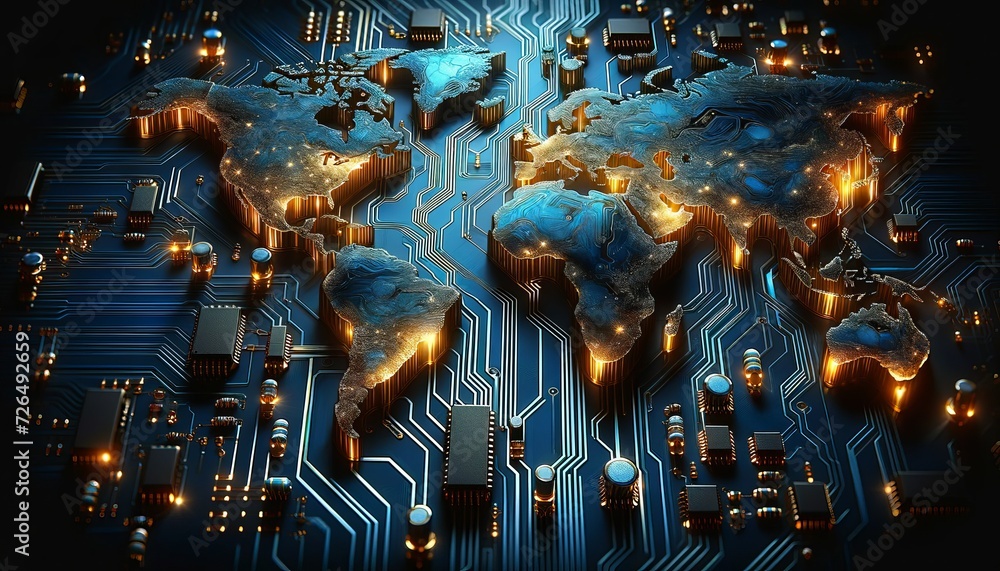 Poster stylized world map laid out as a circuit board with glowing connections and lights
