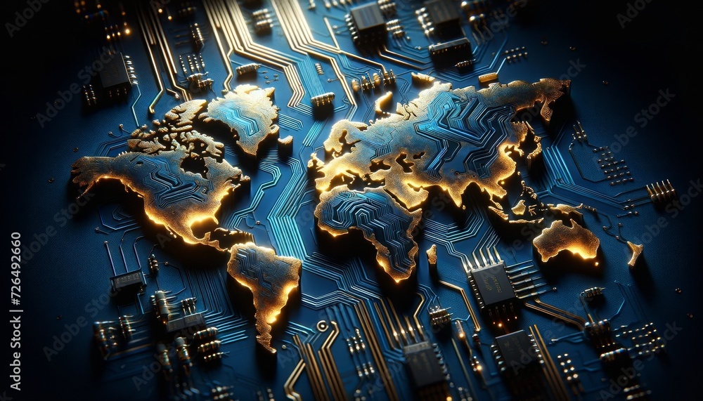 Poster stylized world map laid out as a circuit board with glowing connections and lights