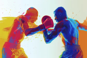 Foto op Canvas Abstract illustration of a male boxers wearing boxing gloves exercising their punching technique for a championship match in a canvas ring, stock illustration image © Tony Baggett