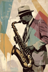 Afro-American male jazz musician saxophonist playing a saxophone in an abstract cubist style painting for a poster or flyer, stock illustration image - 726492855