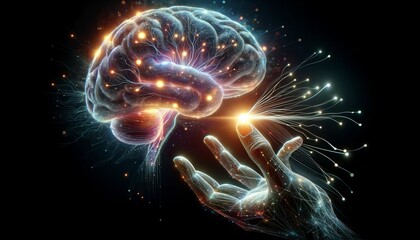Concept of artificial intelligence and human interaction. Human hand reaching out to digitally illustrated brain