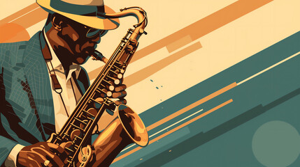 Afro-American male jazz musician saxophonist playing a saxophone in an abstract cubist style painting for a poster or flyer, stock illustration image - obrazy, fototapety, plakaty
