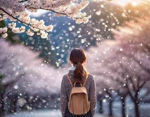 桜吹雪の中に佇み、空を見上げる少女の後ろ姿