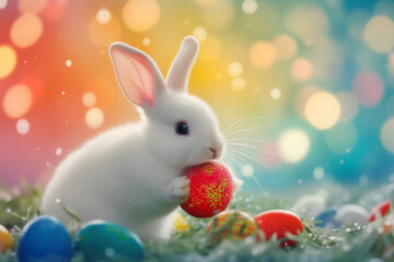 Fototapeta na wymiar Easter bunny rabbit and a colourful egg which is useful for a greeting card in spring, stock illustration image