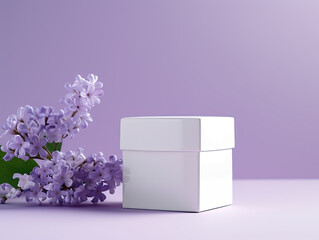 Elegant Blank White Gift Box with Lilacs on a Purple Background - Generative AI