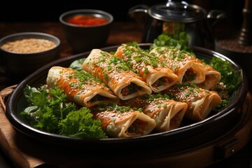 Spring gourmet rolls newly cooked in rustic wooden plate generated by AI, generative IA