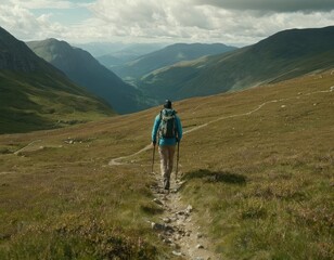 Fototapeta premium Summit Serenity: Adventurous Skier Conquers Highland Peaks in a Dance with the Clouds