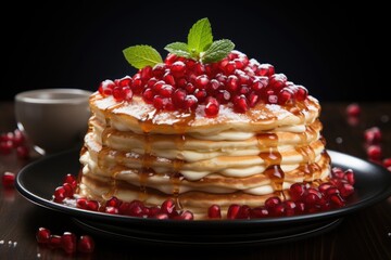 Lateral view of close-up pancakes and bowls of pomegranate and jelly seed jam and , generative IA