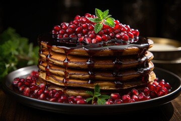 Lateral view of close-up pancakes appetizing pancakes and pomegranate seeds on the, generative IA
