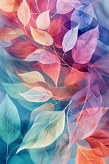 Watercolor illustration with colorful and transparent leaves.