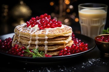 Lateral Close-Up view pancakes Dark pancakes with pomegranate a cup of tea with po, generative IA