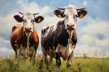 A peaceful herd of dairy cows grazing on the lush green grass of an open field, under a clear blue sky dotted with fluffy white clouds