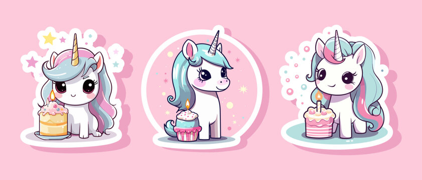 Vector Cute Unicorn cartoon with bithday cake character (dessert cake cream). Fairy tale animal, girly doodles. Perfect make a wish for birthday party children, princess party, patterns, sticker.
