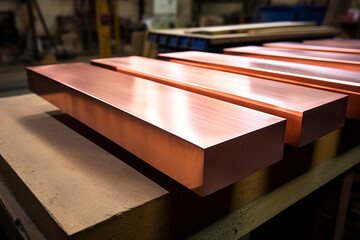 A copper alloys strips on a workbench in industrial warehouse, a close-up photo of copper alloys is ideal for concepts related to construction, manufacturing, and engineering