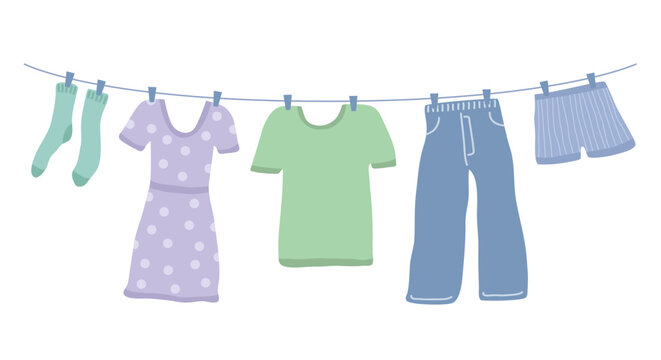 Clothes hanging on clothesline in outdoor. Drying clothes. Vector flat illustration.