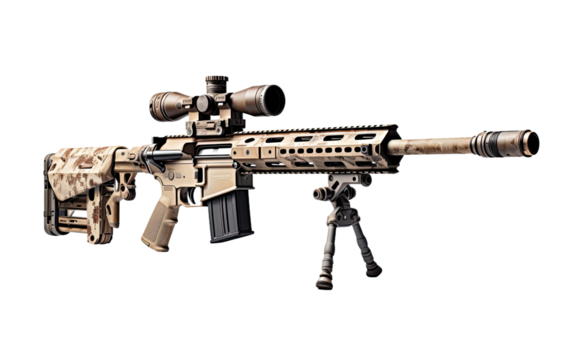 Tactical Sniper Rifle in Desert Camouflage on White or PNG Transparent Background.