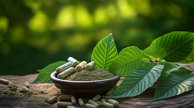 Mitragyna speciosa (kratom) leaves with medicinal products in the form of capsules and the powder in a wooden cup with the wood texture as the background
