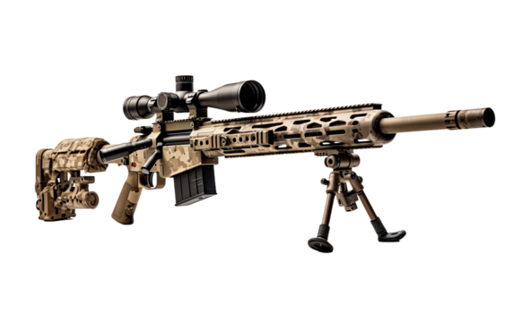 Tactical Sniper Rifle on White or PNG Transparent Background.