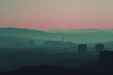 As the sun rises over the horizon, a hazy fog blankets the sky, enveloping the landscape of a city nestled between towering mountains, creating a mystical and captivating scene