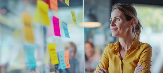 Business or creative presentation Team successful teamwork. Brainstorm meeting with sticky paper notes on glass wall for new ideas, Using agile methodology,  Brainstorming in a tech start-up office