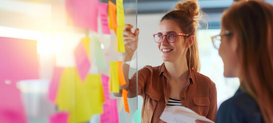 Business or creative presentation Team successful teamwork. Brainstorm meeting with sticky paper notes on glass wall for new ideas, Using agile methodology,  Brainstorming in a tech start-up office