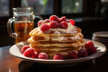 Higher view delicious pancakes with raspberries inside the plate on a light backgr, generative IA