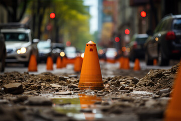Traffic cones placed on damaged roads - obrazy, fototapety, plakaty