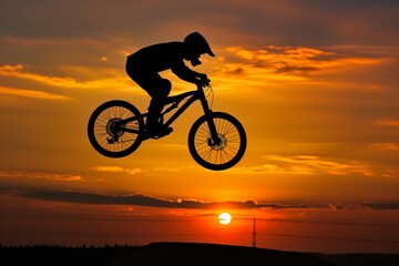 sunset silhouette of biker in midair jump