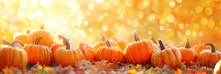 Autumn Halloween pumpkins. Orange pumpkins over bright autumnal nature background - obrazy, fototapety, plakaty