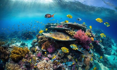 Naklejka premium Tropical sea underwater fishes on coral reef