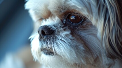 A close-up view of a dog's face with a blurry background. Suitable for various uses