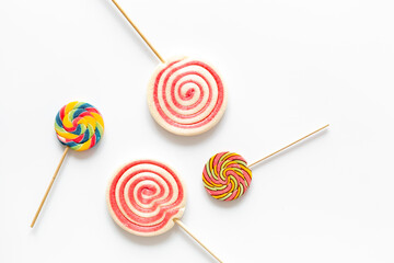 Food pattern. Many colorful lollipops. Sweet food and candies background