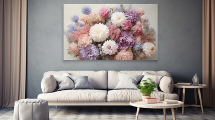 Pastel Floral Artwork in Modern Living Room - Generative AI