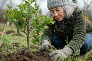 Elderly Woman Gardening Young Fruit Tree. Generative AI