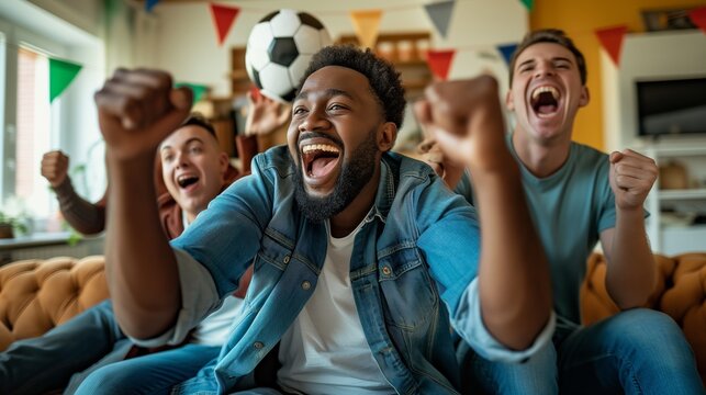 Group of friends cheering on a football match in the living room are celebrating their team's goal.
