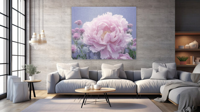 Pink Peony Painting in Modern Living Room - Generative AI
