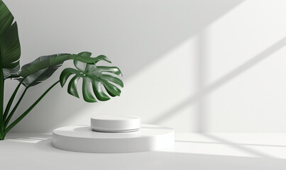 empty product podium display. simple minimalist white color with monstera leaf. free space for advertising.