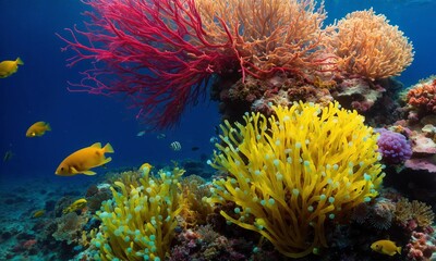 Naklejka na ściany i meble Tropical sea underwater fishes on coral reef